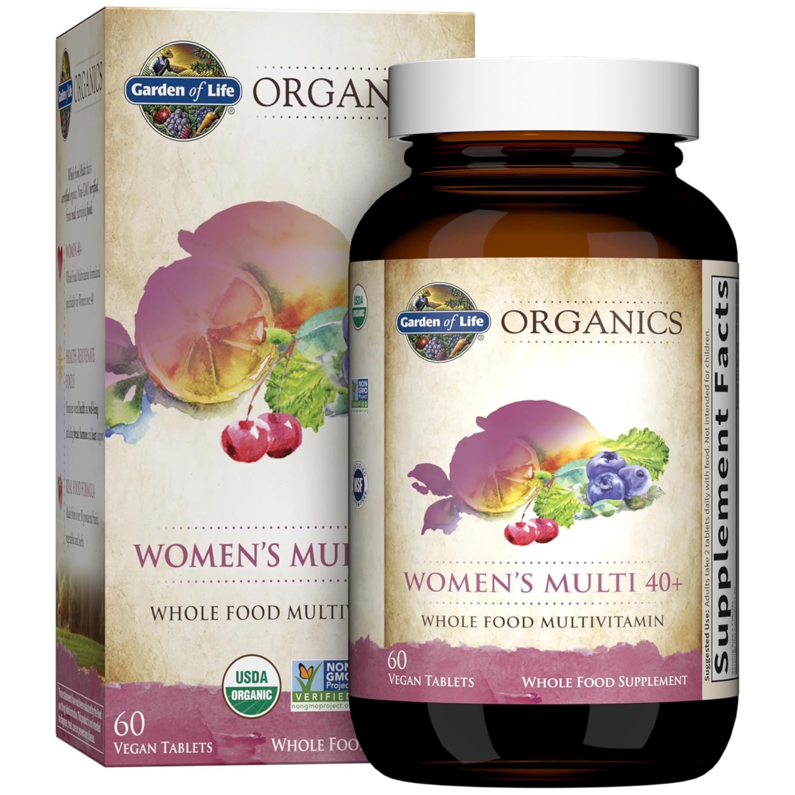 Garden of Life Organics Women 40+ bottle front for daily wellness with organic vitamins.
