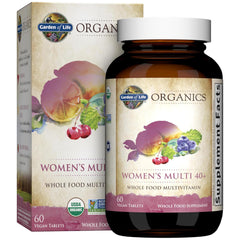 Garden of Life Organics Women 40+ bottle front for daily wellness with organic vitamins.