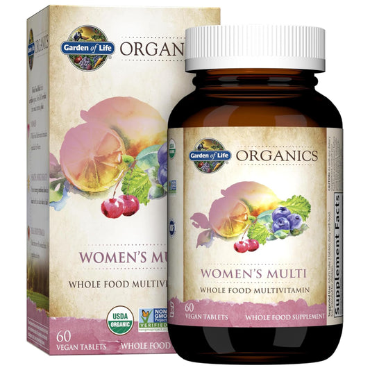 Garden of Life Organics Women's Multi bottle front view highlighting daily energy and beauty support.
