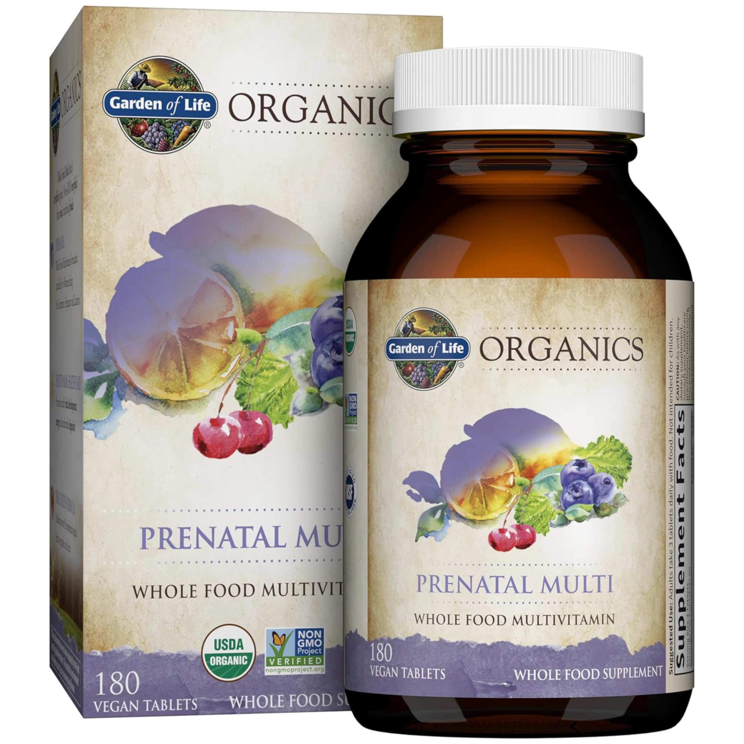 Garden of Life Organics prenatal bottle with organic ingredients for daily support.