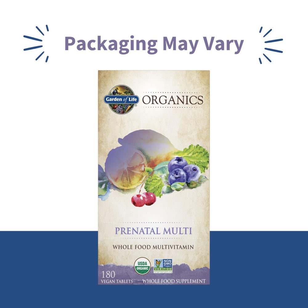 Garden of Life Organics prenatal label highlights folate from lemon peel and vegan D3.