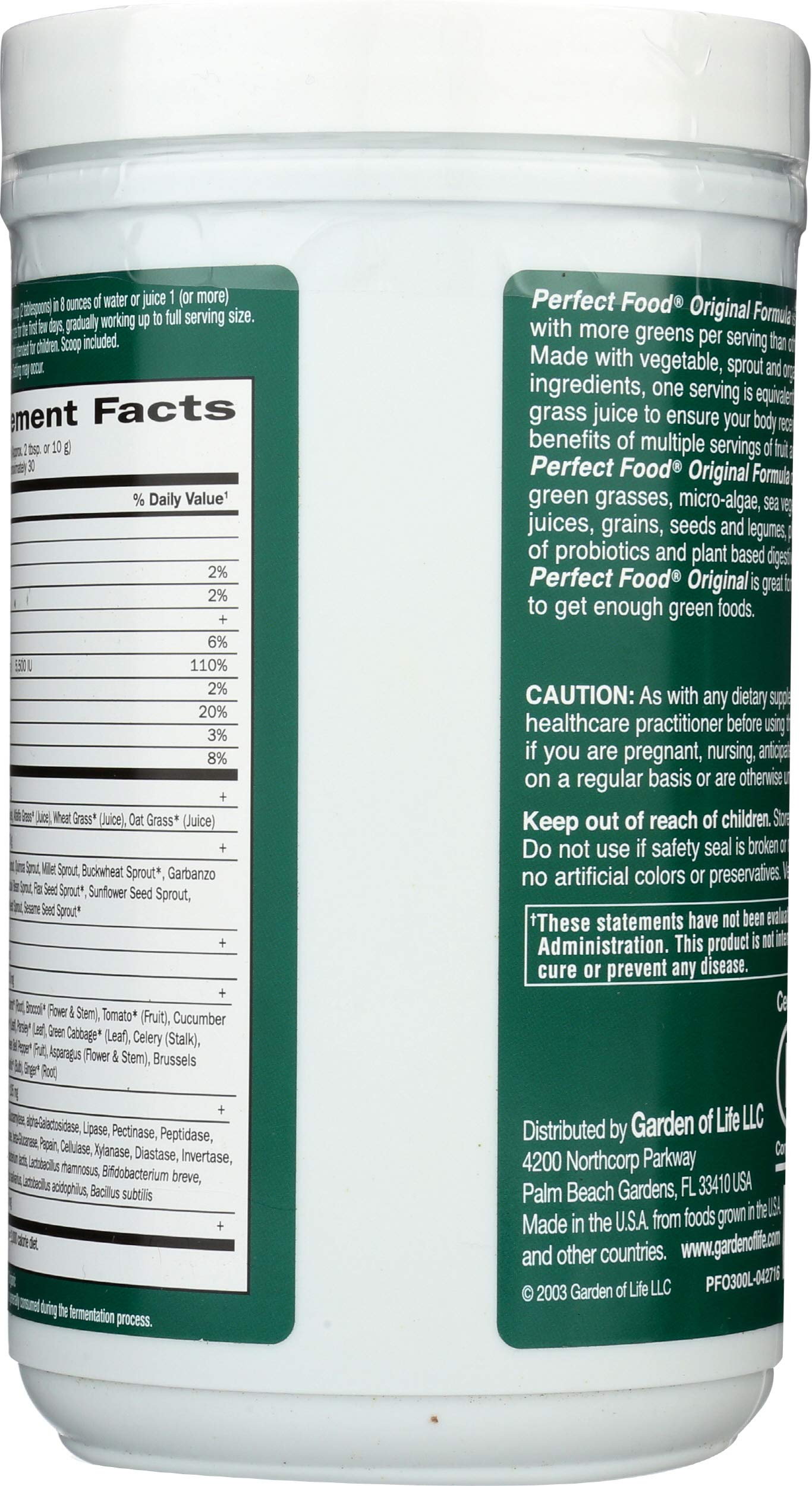 Garden of Life Perfect Food Powder label closeup highlighting clean ingredients.