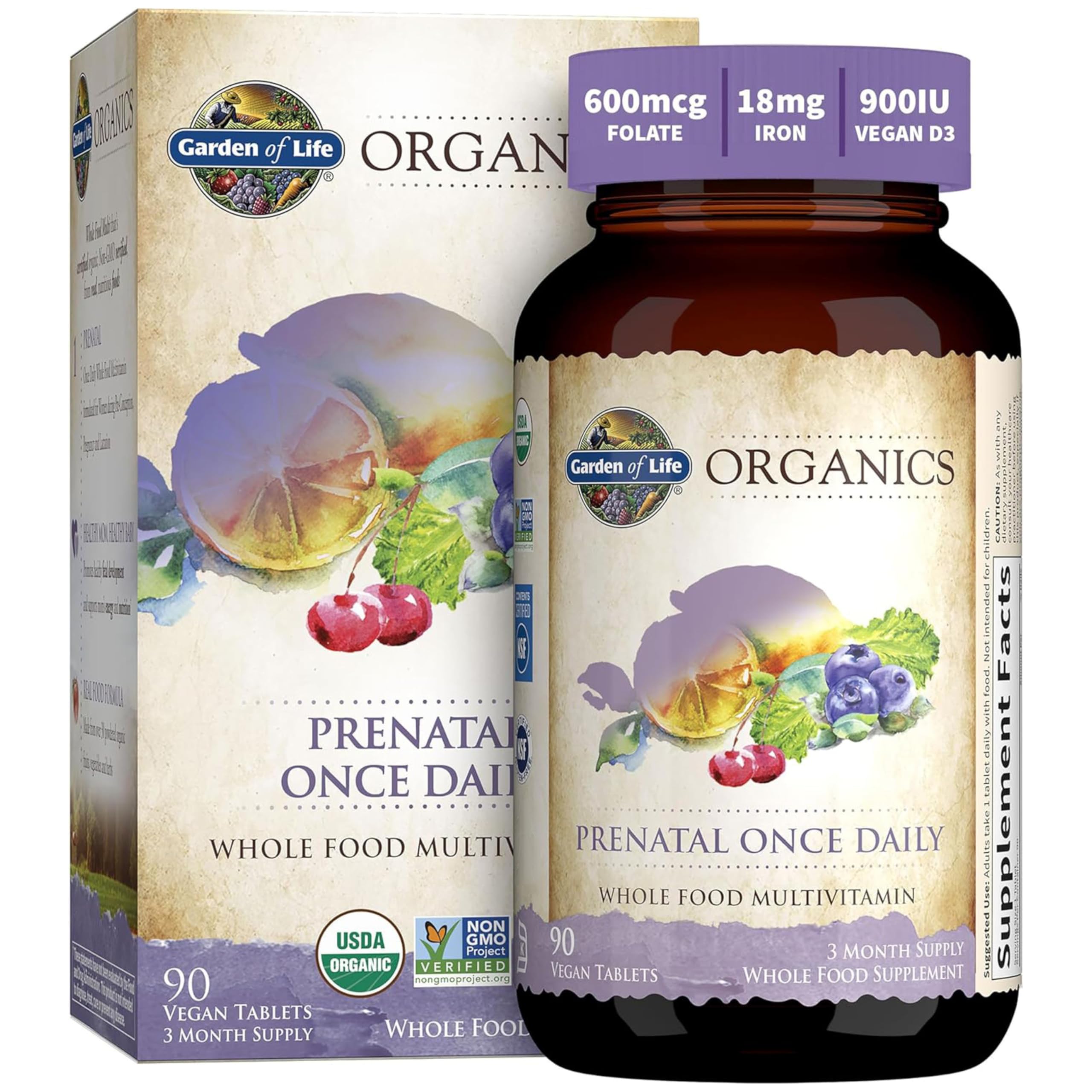 Garden of Life Prenatal bottle front view highlights convenient one-daily tablets
