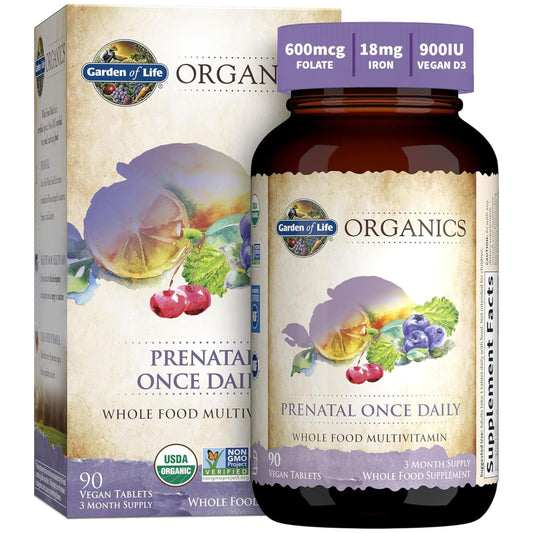 Garden of Life Prenatal bottle front view highlights convenient one-daily tablets