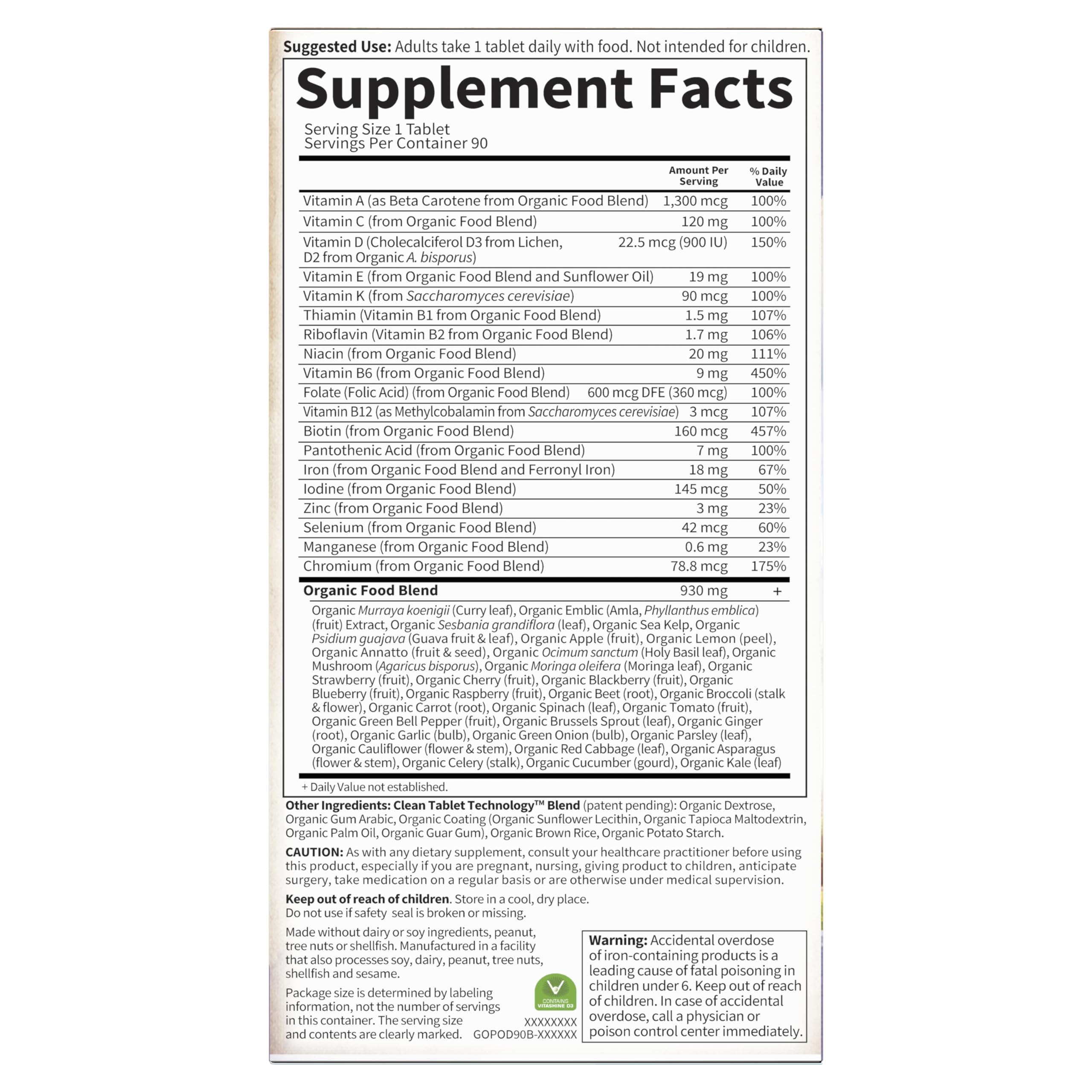 Garden of Life Prenatal nutrition panel shows complete vitamin coverage