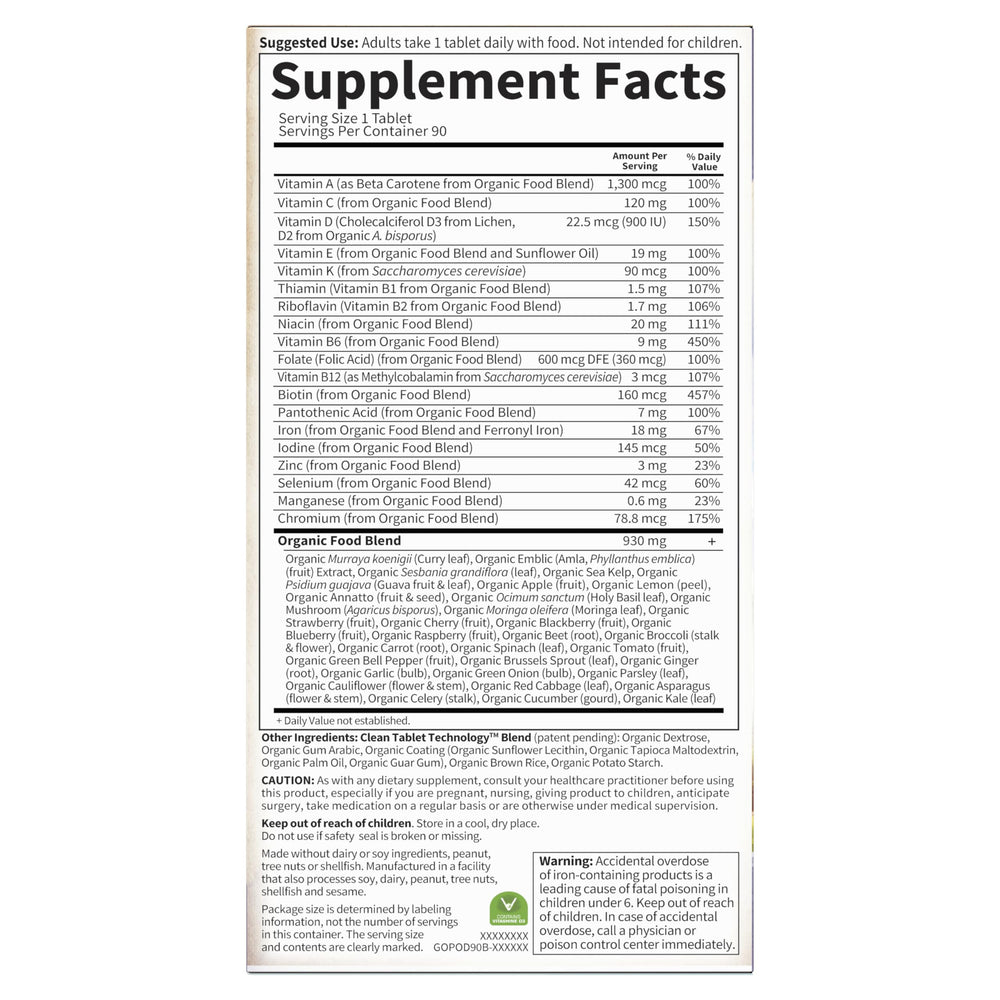Garden of Life Prenatal nutrition panel shows complete vitamin coverage