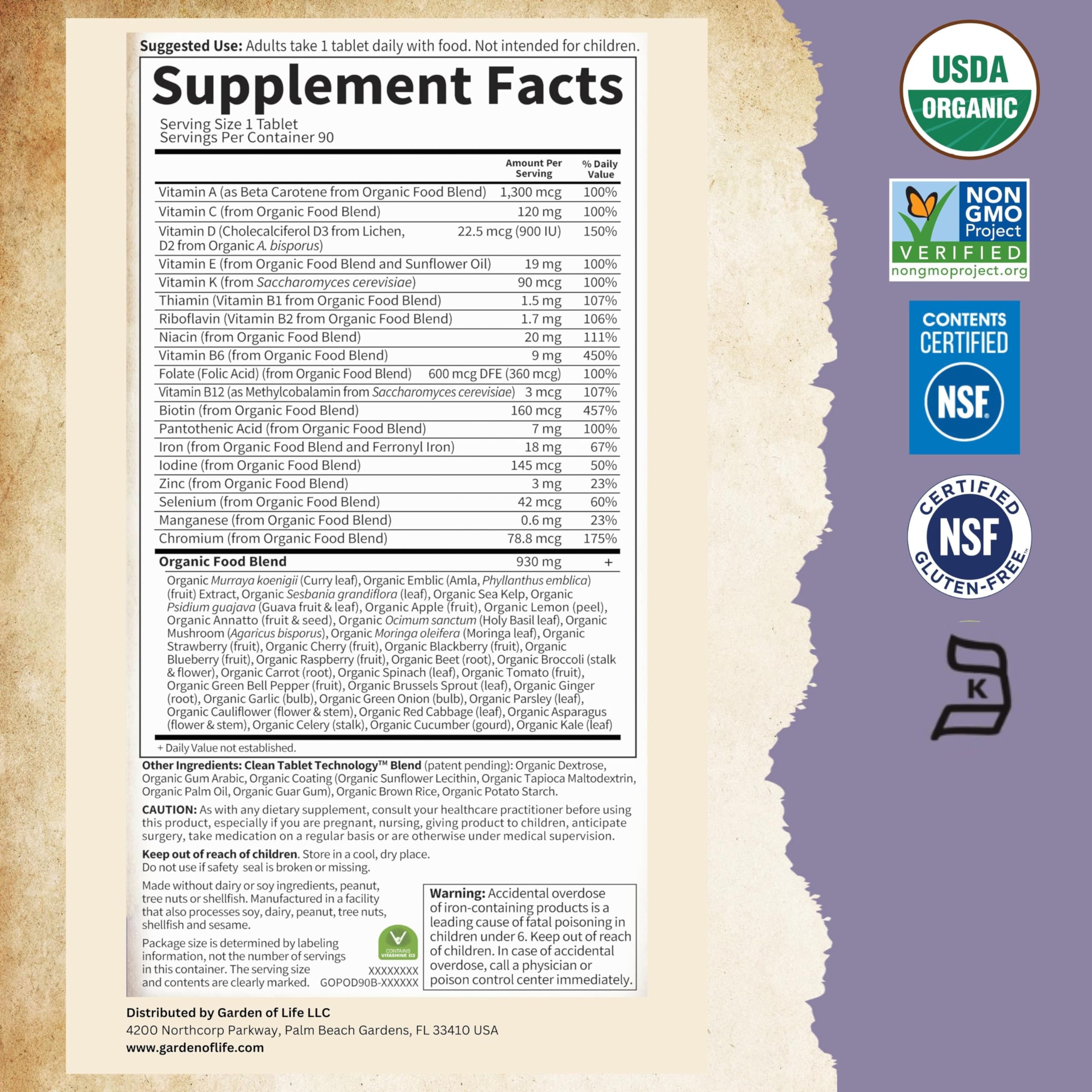 Garden of Life Prenatal organic certifications highlight organic vegan status