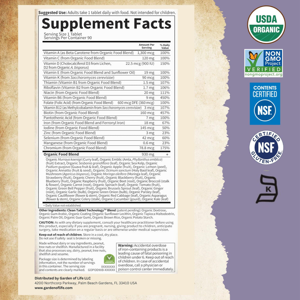 Garden of Life Prenatal organic certifications highlight organic vegan status