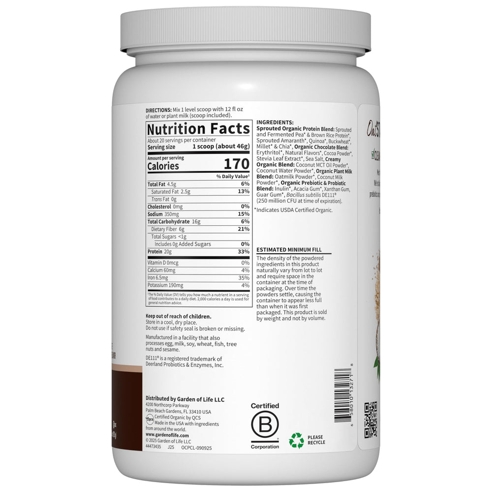 Glass of prepared Garden of Life shake highlighting Chocolate Brownie flavor and creaminess.