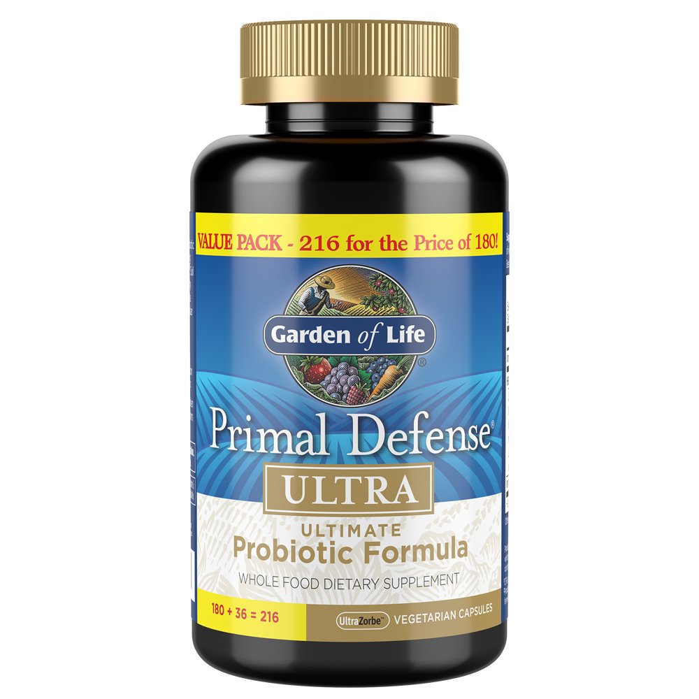 Garden of Life Primal Defense Ultra bottle front showcases 216 vegetarian capsules for digestive balance.