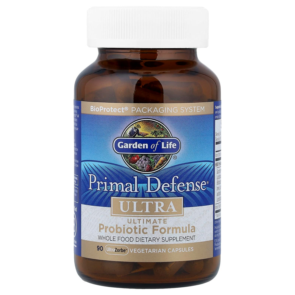 Garden of Life Primal Defense Ultra label close-up showing HSOs and strains for gut balance