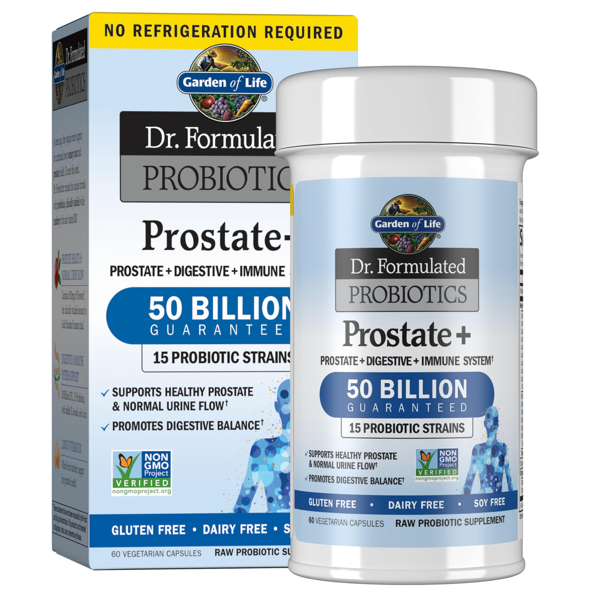 Garden of Life Prostate+ bottle front highlighting 50B CFU probiotic blend for men