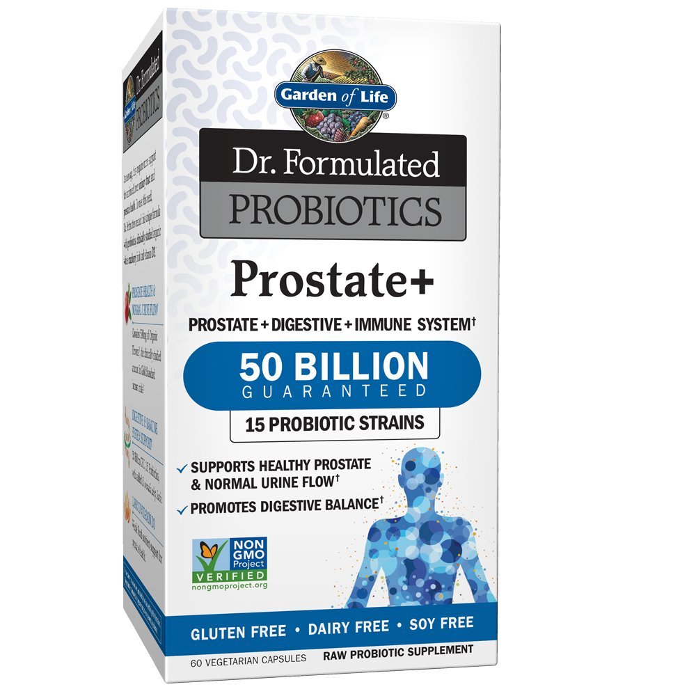 Garden of Life Prostate+ bottle and capsules for daily probiotic support.