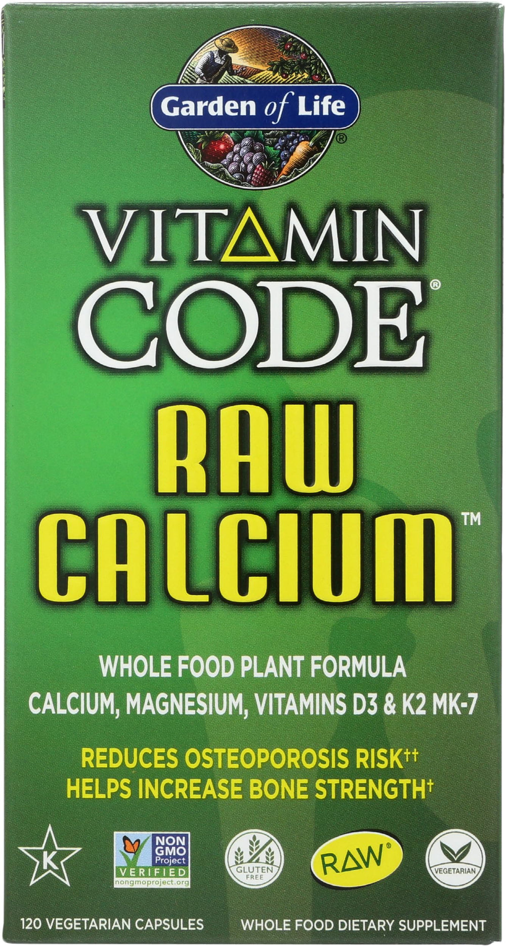 Garden of Life Raw Calcium label highlights algae-derived calcium and trace minerals