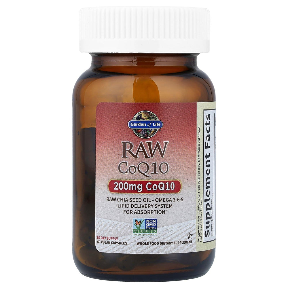 Garden of Life raw CoQ10 formulation highlights cellular energy and aging support.