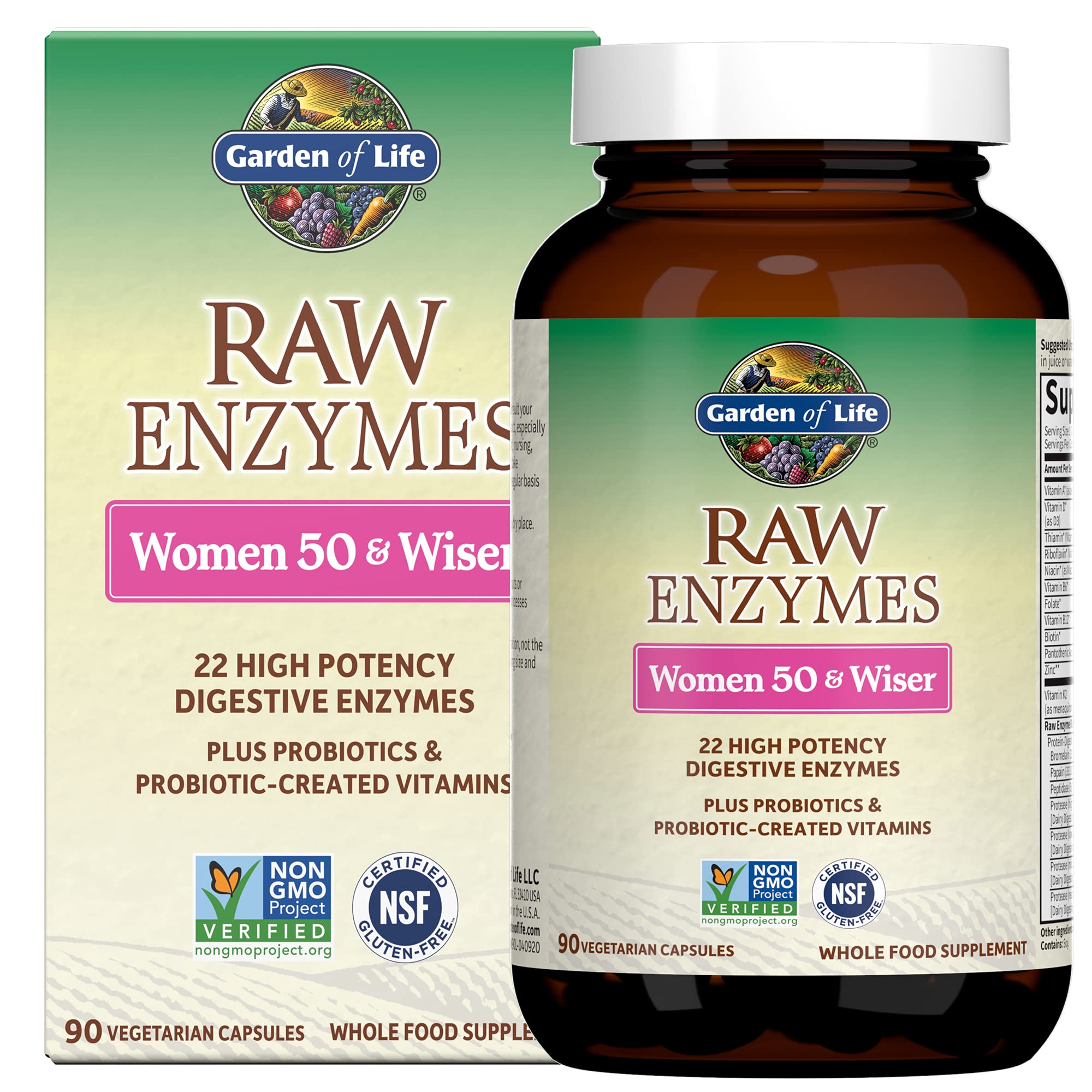 Garden of Life RAW Enzymes 22 for Women 50+ bottle with pour to support digestion