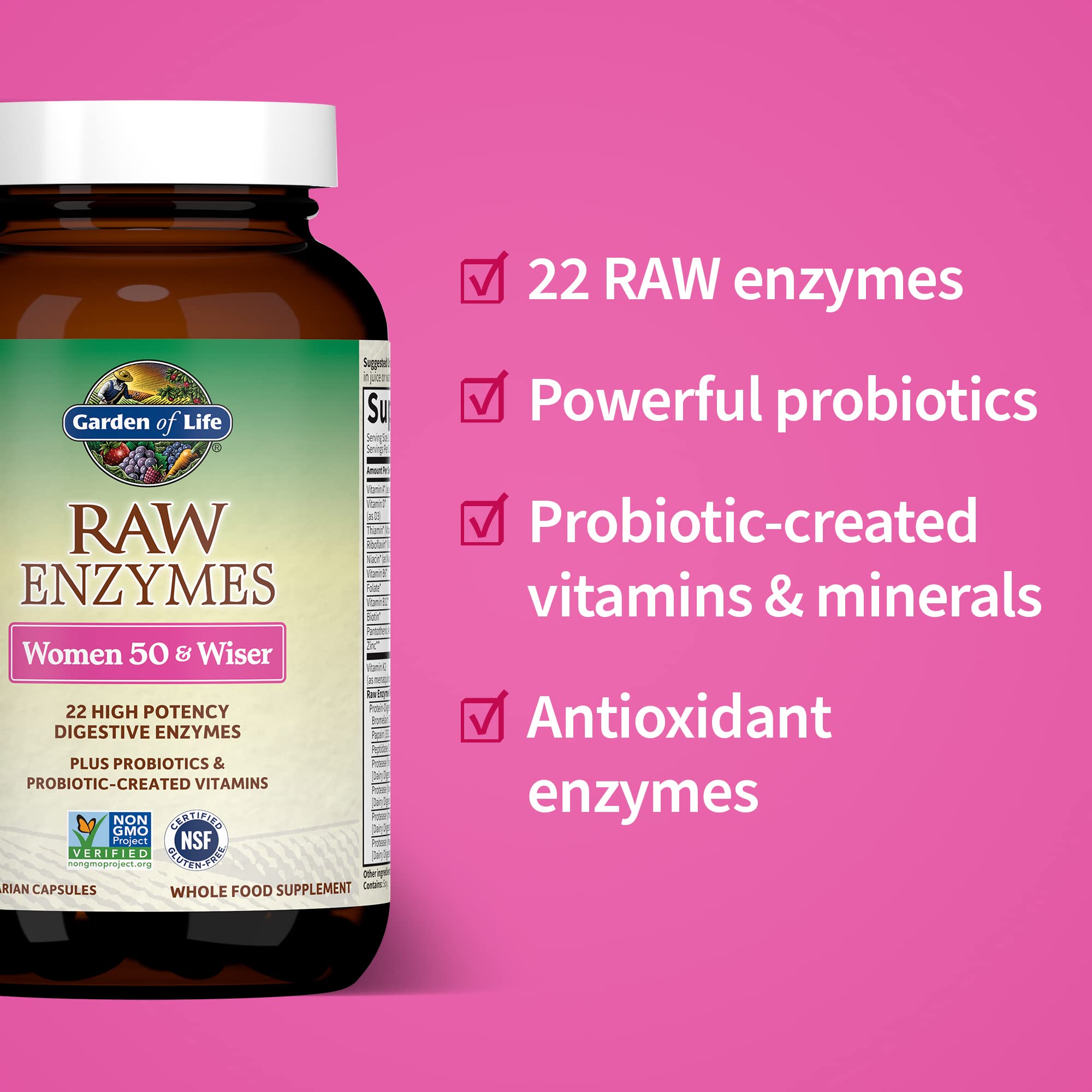 Woman over 50 with RAW Enzymes bottle signaling age-tailored digestive support