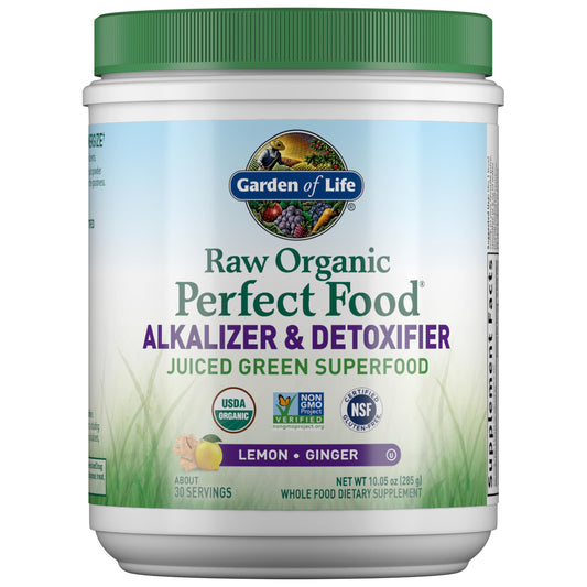 Garden of Life Raw Organic Perfect Food bottle showing convenient daily greens for balanced nutrition