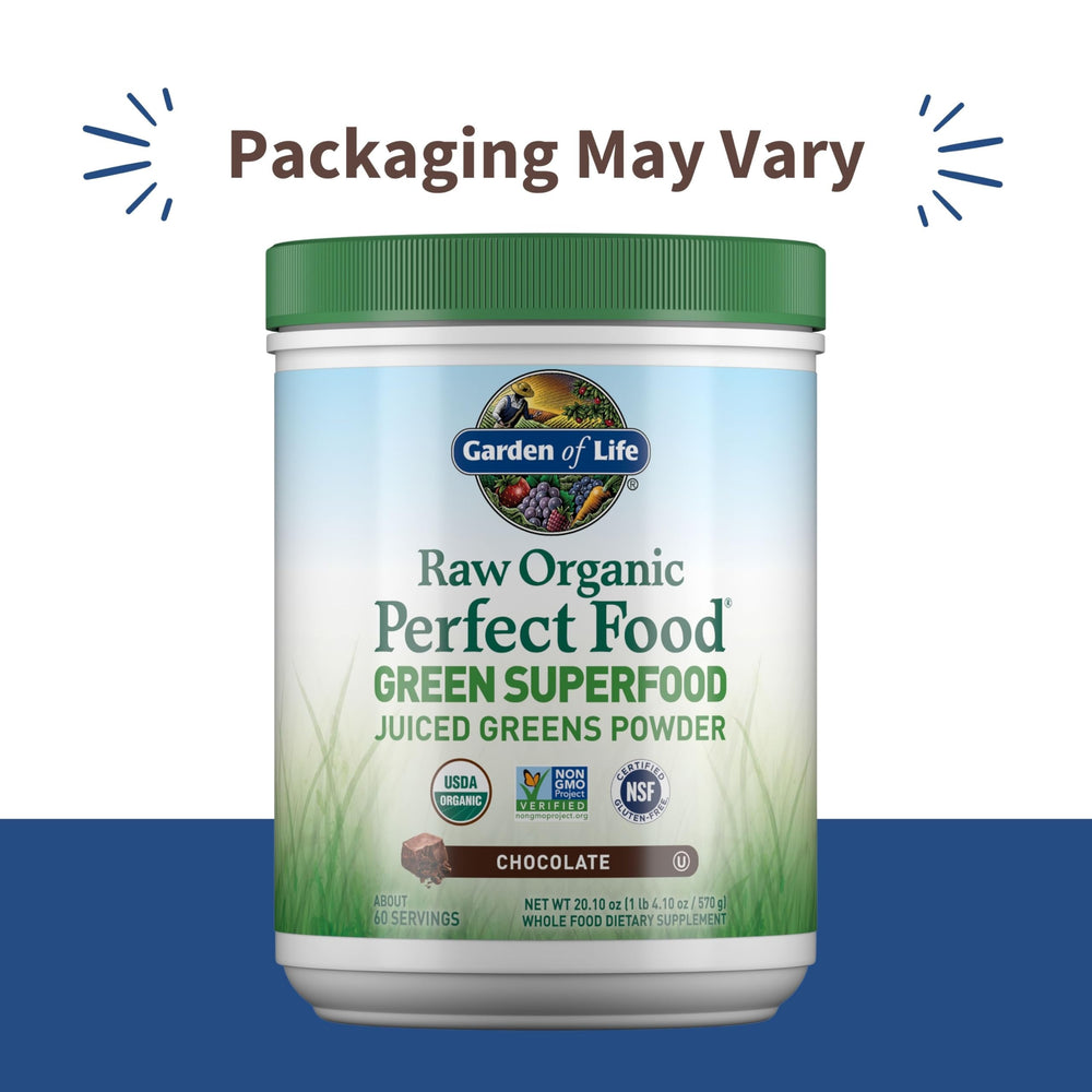 Garden of Life Raw Organic Perfect Food Chocolate label closeup highlighting organic greens and probiotics.