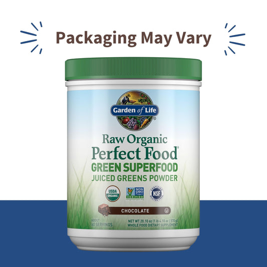 Garden of Life Raw Organic Perfect Food Chocolate label closeup highlighting organic greens and probiotics.