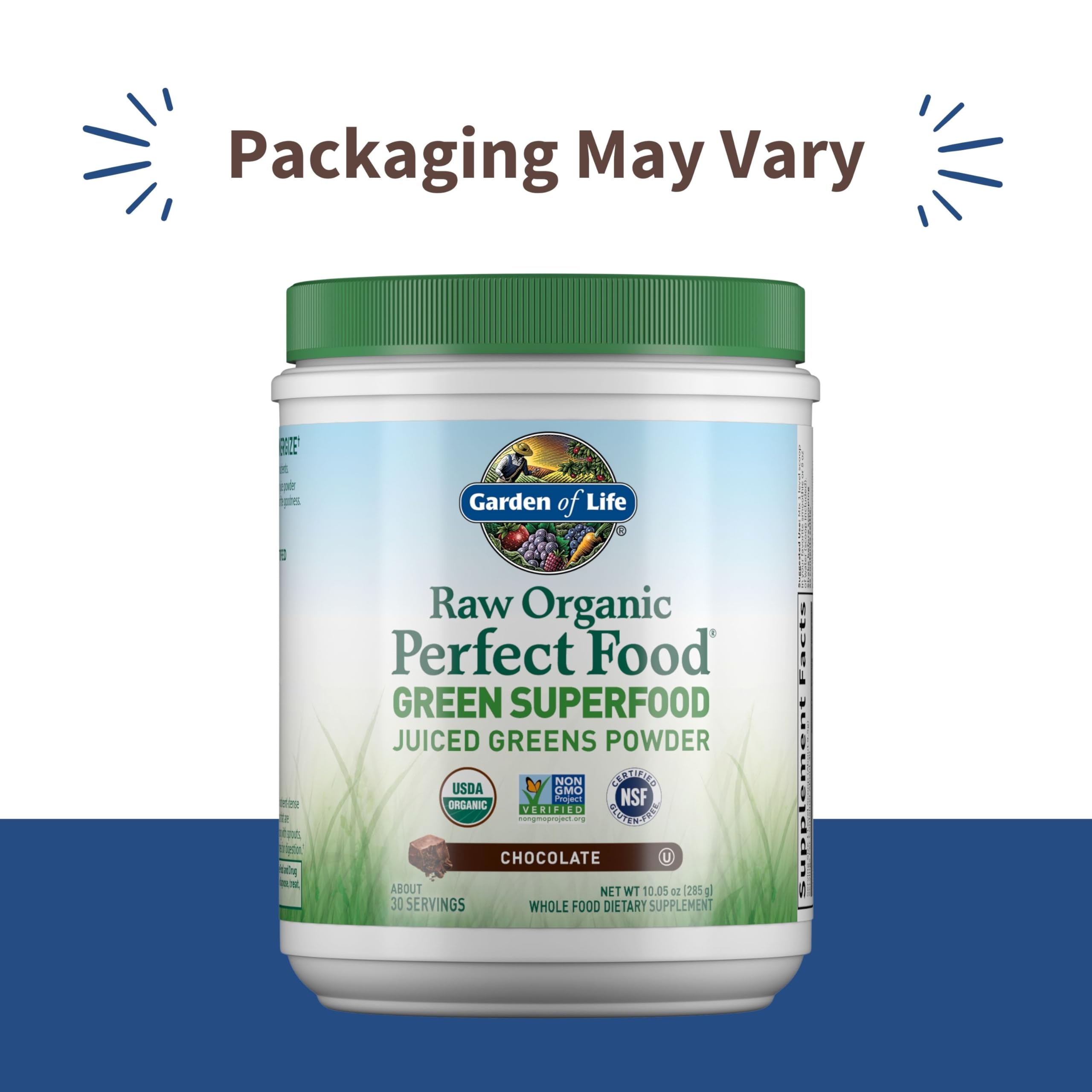 Garden of Life Raw Organic Perfect Food Chocolate powder, convenient on-the-go.