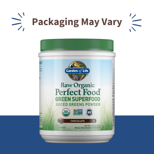 Garden of Life Raw Organic Perfect Food Chocolate powder, convenient on-the-go.