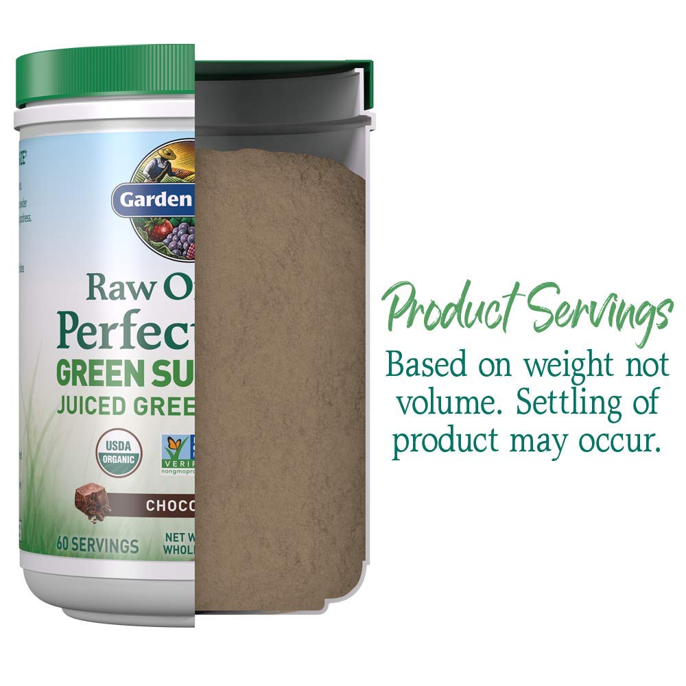 Garden of Life Raw Organic Perfect Food Chocolate shake in glass, tasty greens for busy mornings.