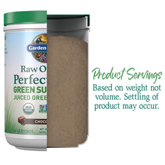 Garden of Life Raw Organic Perfect Food Chocolate shake in glass, tasty greens for busy mornings.