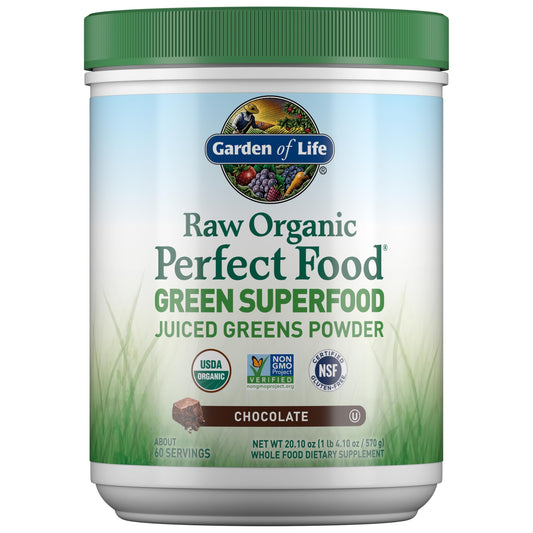 Garden of Life Raw Organic Perfect Food Chocolate tub front showing a rich, energy-boosting greens powder.