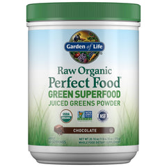 Garden of Life Raw Organic Perfect Food Chocolate tub front showing a rich, energy-boosting greens powder.
