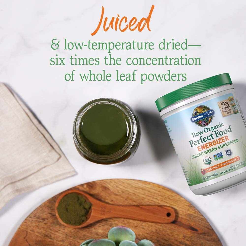 Garden of Life Raw Organic Perfect Food Energizer scoop dispensing powder for quick morning greens boost