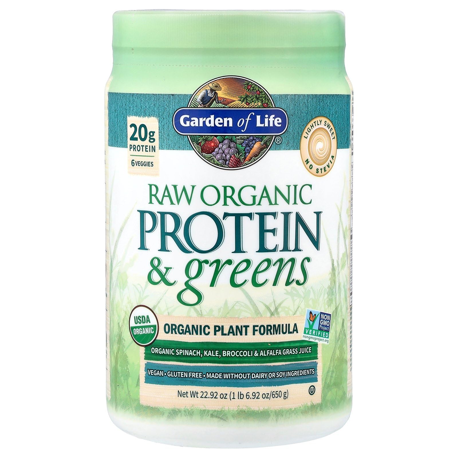 Garden of Life Raw Organic Protein & Greens label highlights gluten free certification