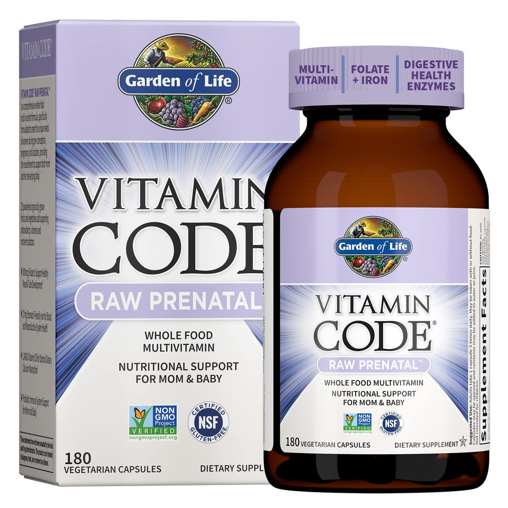 Garden of Life RAW Prenatal bottle pour, showing easy daily dosing for preconception to lactation