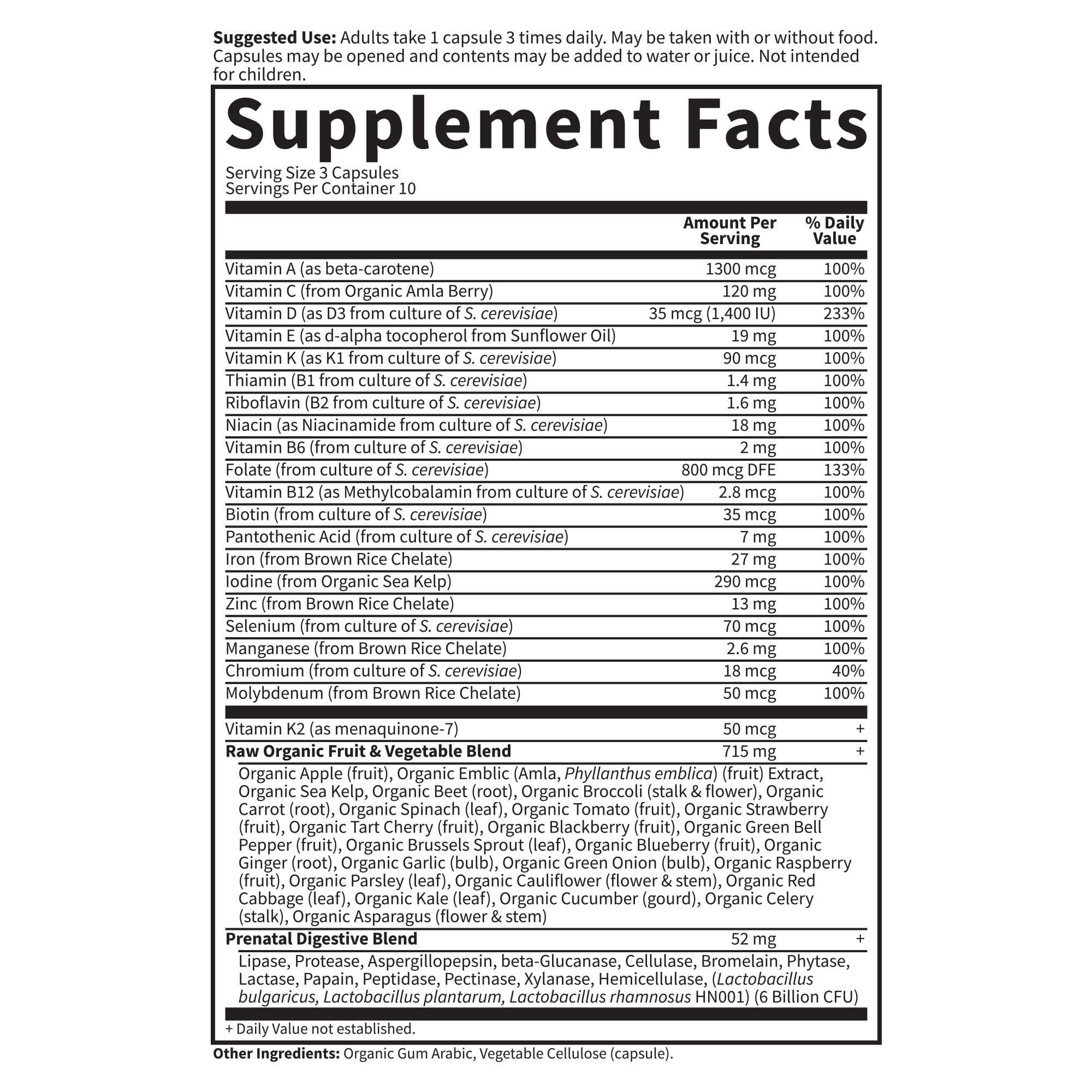 Garden of Life RAW Prenatal raw fruit-and-vegetable base implied antioxidants.