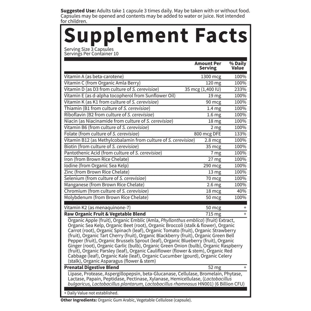 Garden of Life RAW Prenatal raw fruit-and-vegetable base implied antioxidants.