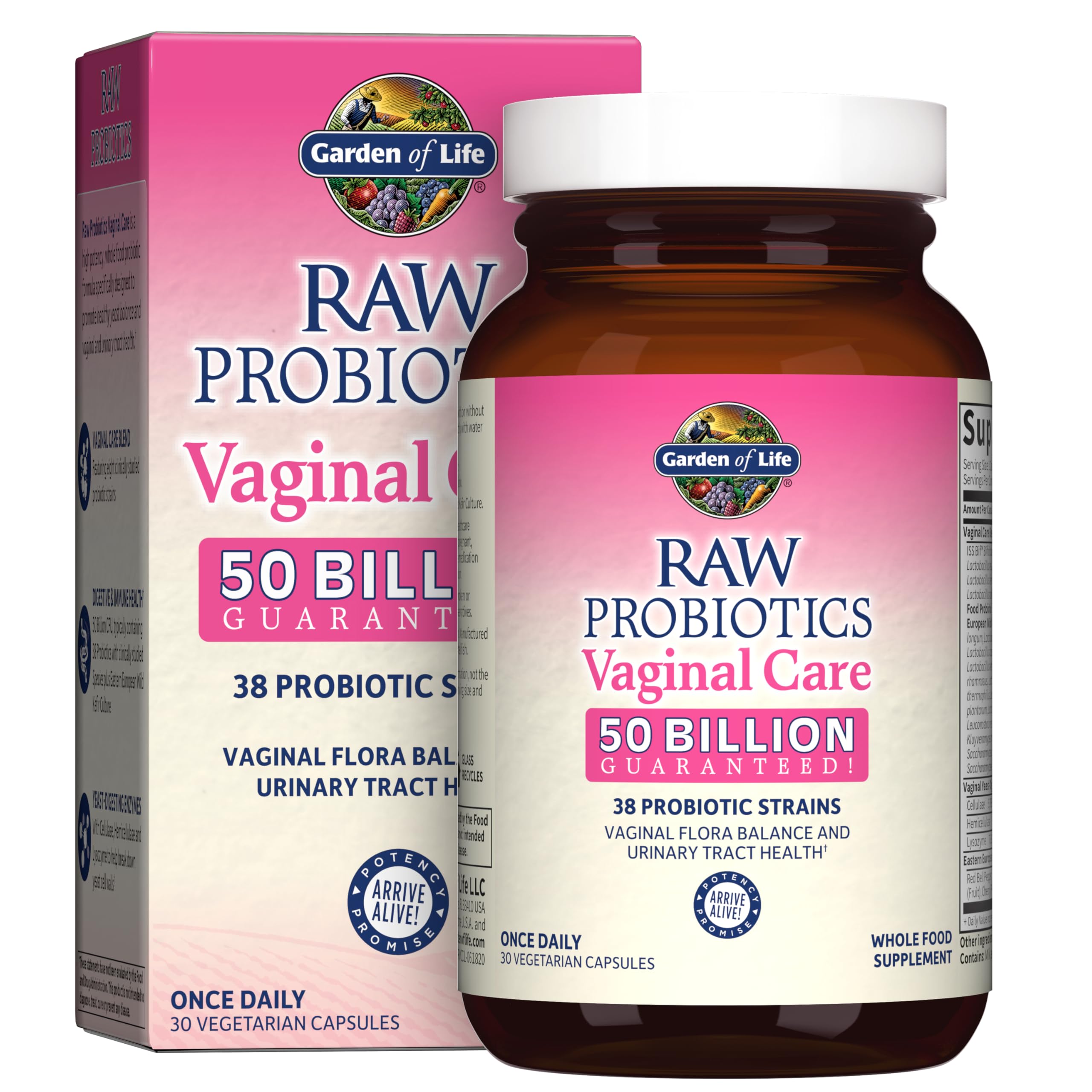 Garden of Life Vaginal Care bottle front showing 50B cultures for vaginal and urinary support