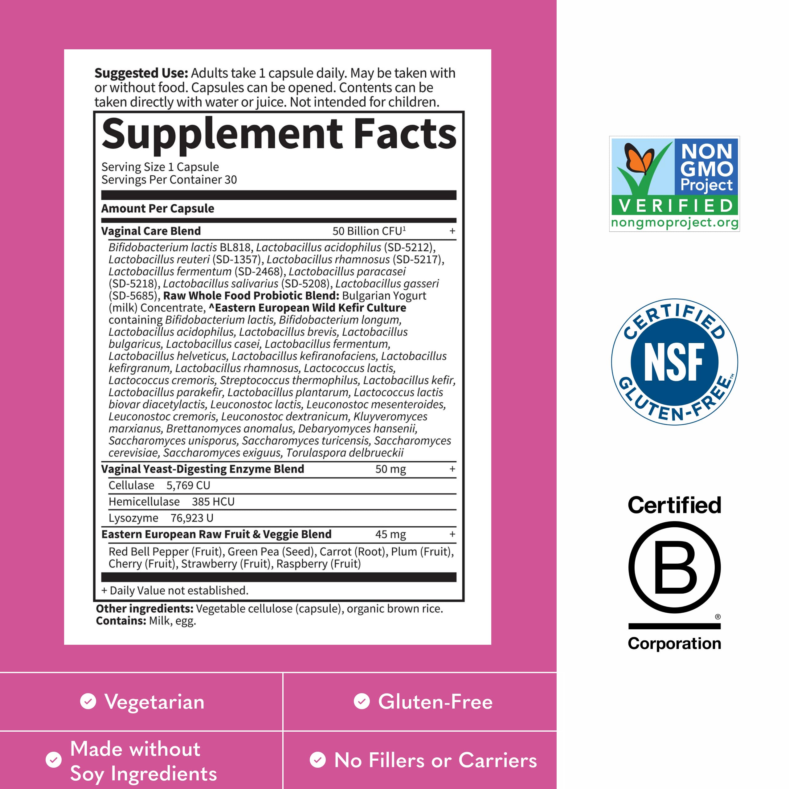 Garden of Life Vaginal Care ingredients list highlights Bulgarian yogurt concentrate and kefir culture