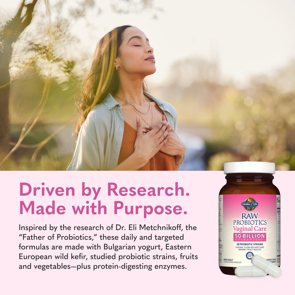 Garden of Life Vaginal Care packaging on shelf communicates premium probiotic blend