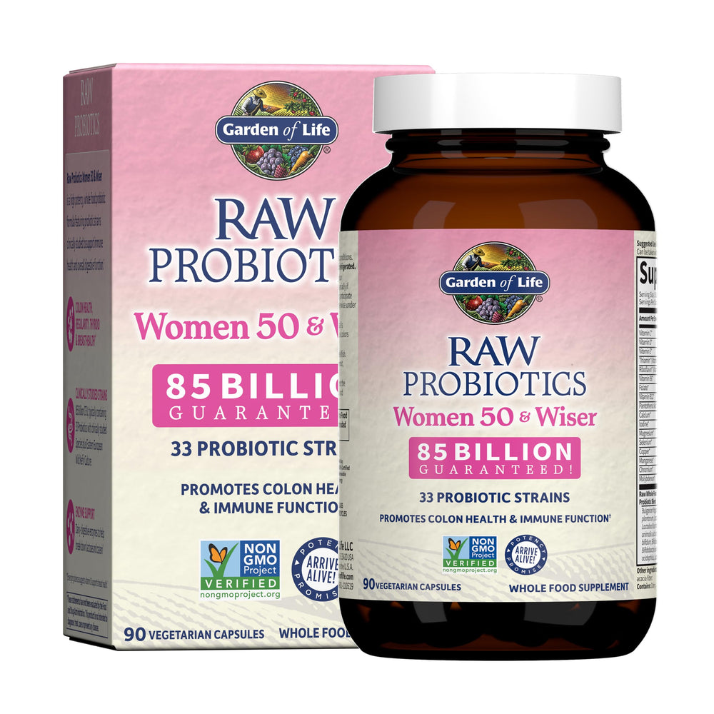 Garden of Life Raw Probiotics Women 50 & Wiser bottle showing 90 capsules for gut and immune support