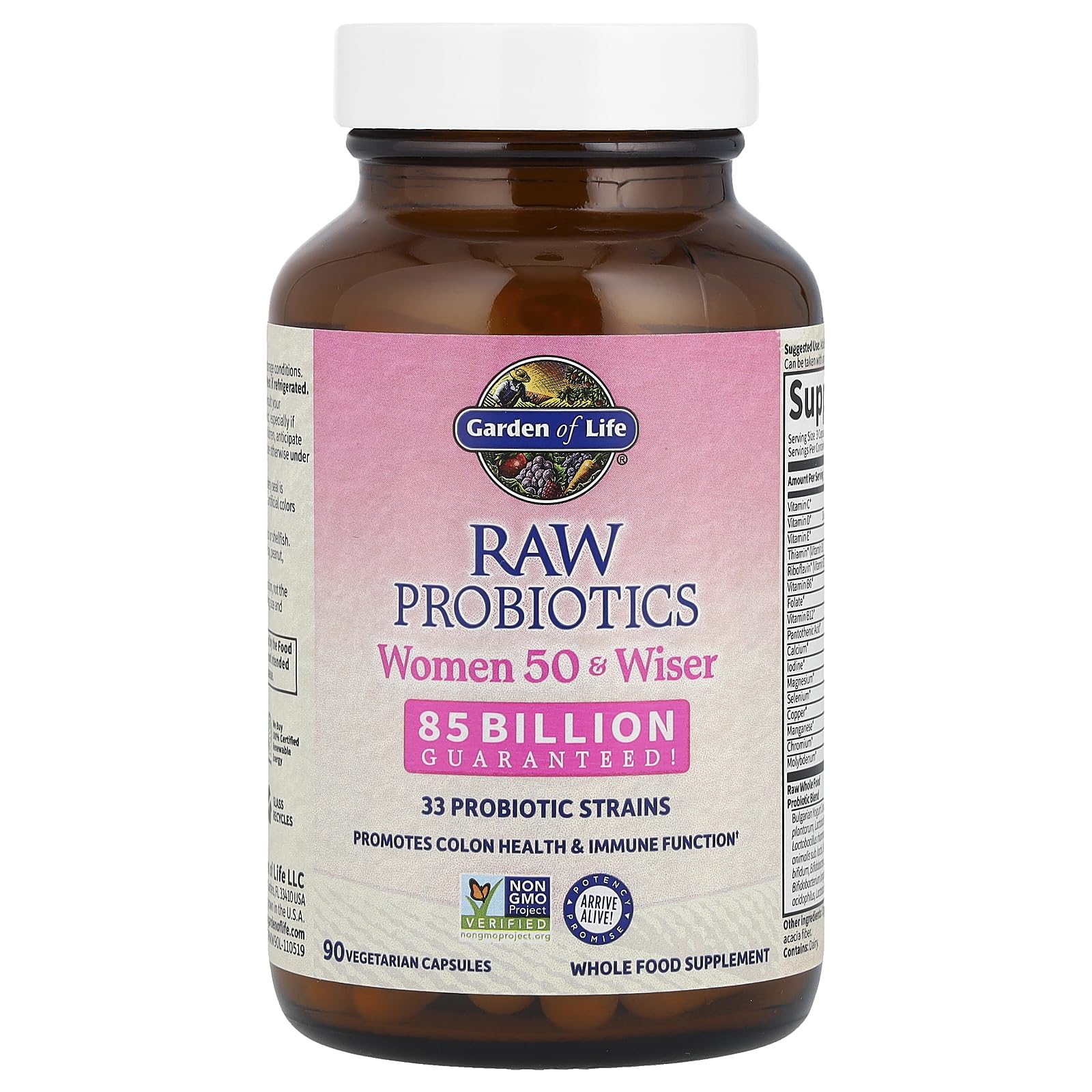 Ingredients panel highlighting 33 probiotic strains and dairy-digesting enzymes