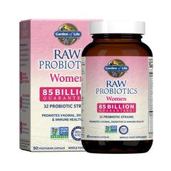 Garden of Life Raw Probiotics Women bottle shows 85 billion cultures per serving for gut balance.