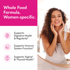 Garden of Life Raw Probiotics Women capsules close-up highlighting vegetarian, gluten-free formula.