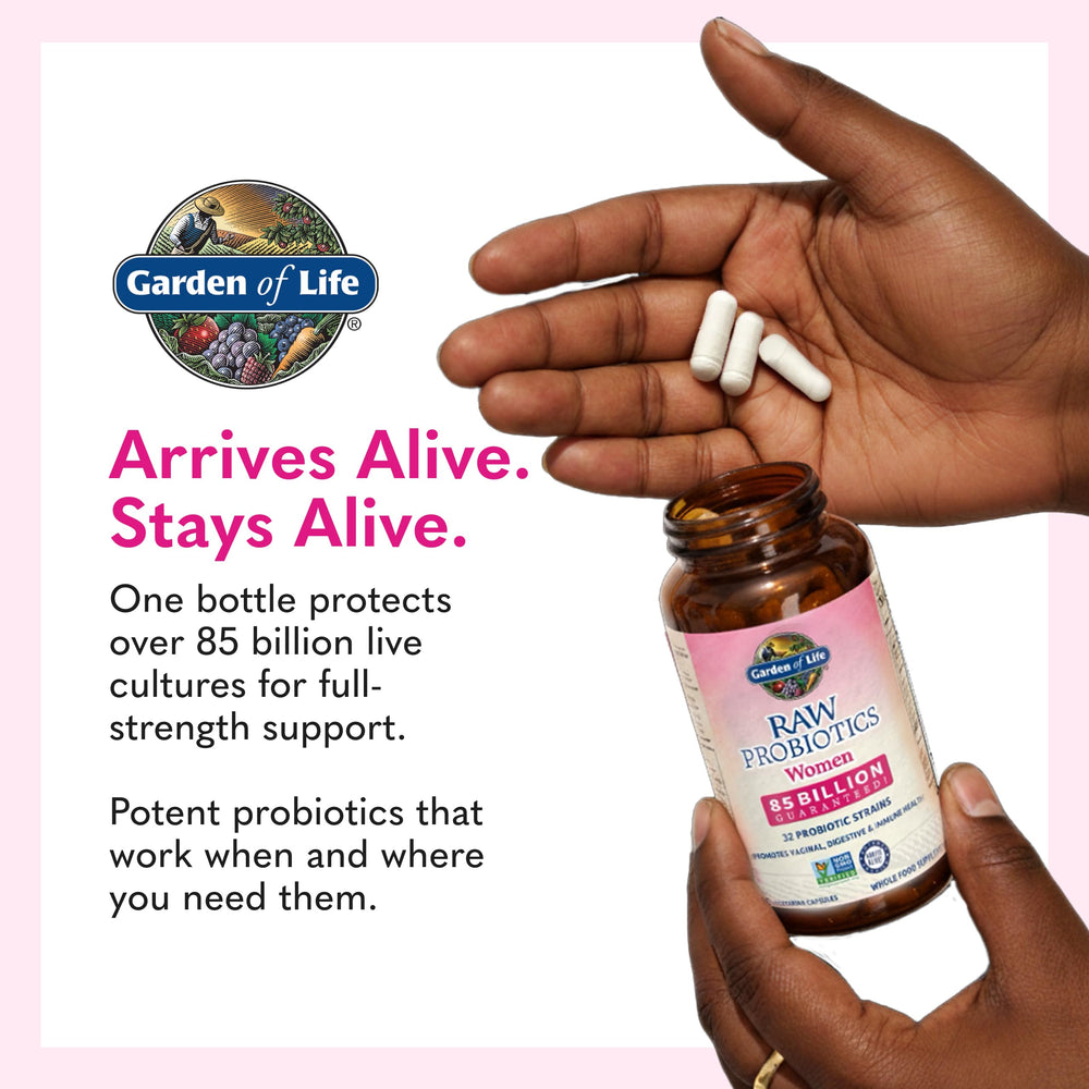 Garden of Life Raw Probiotics Women 90-vegetarian capsules emphasize plant-based benefits.