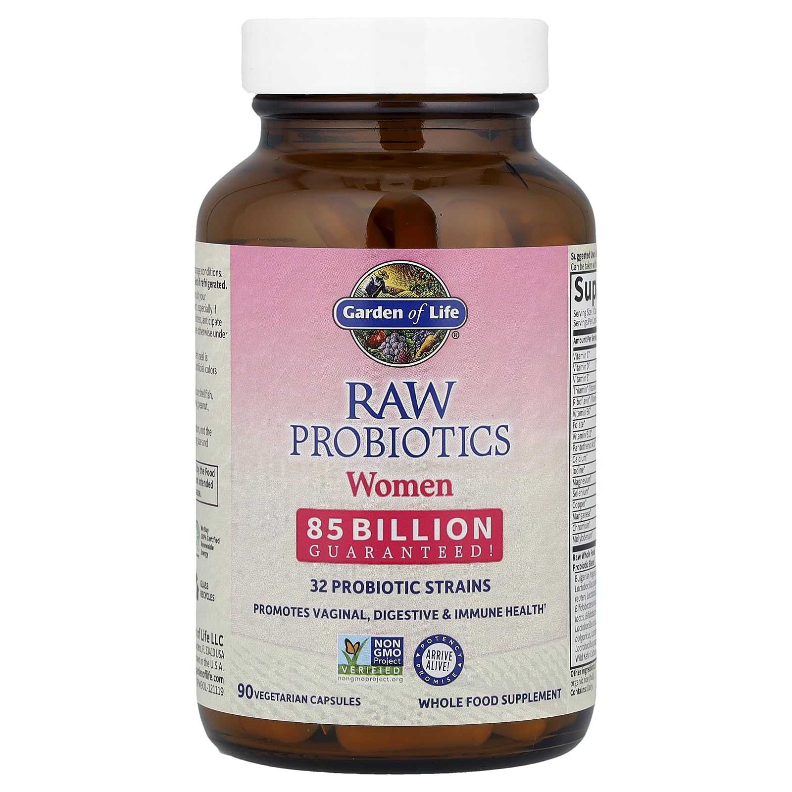 Garden of Life Raw Probiotics Women label emphasizes non-GMO and whole-food ingredients.