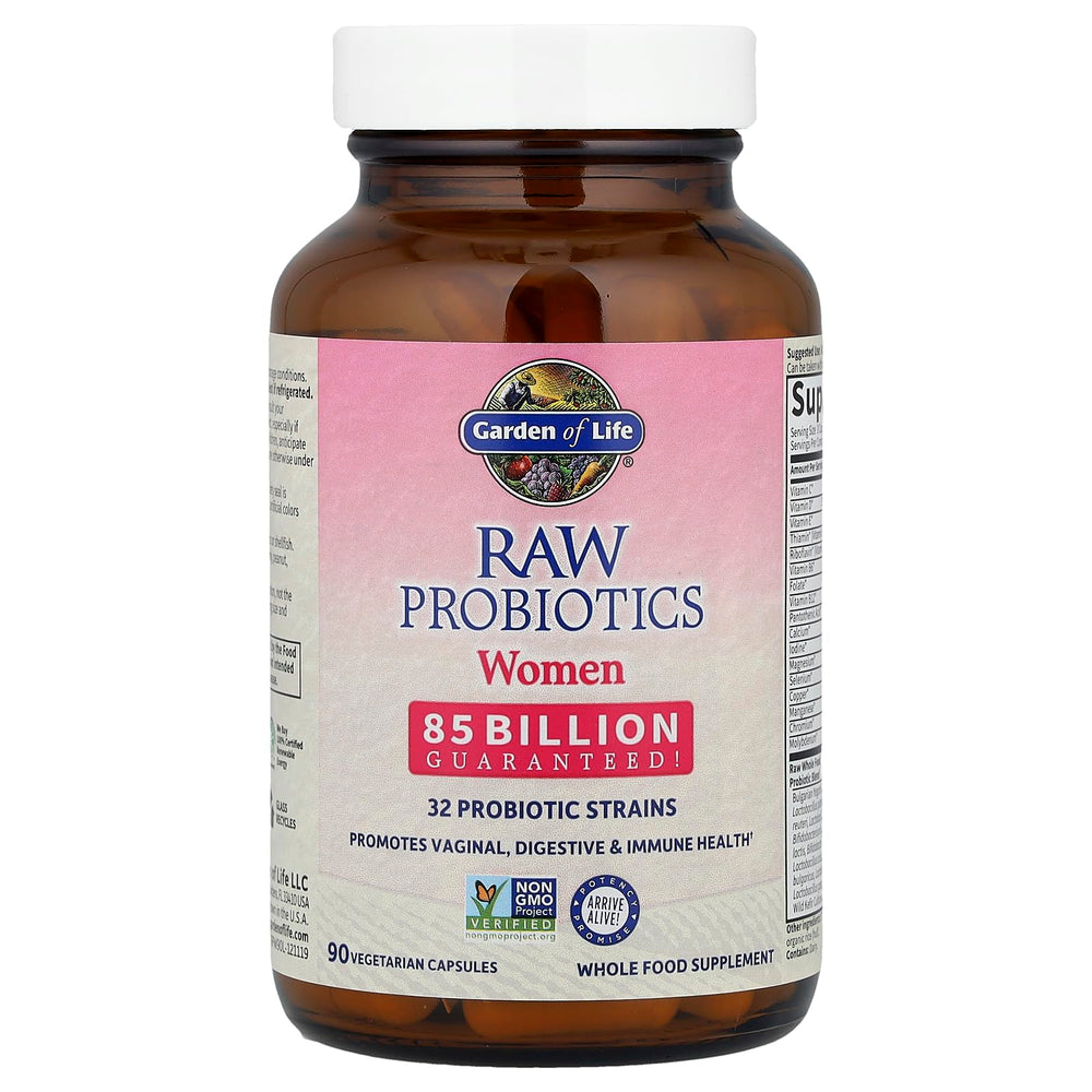 Garden of Life Raw Probiotics Women label emphasizes non-GMO and whole-food ingredients.