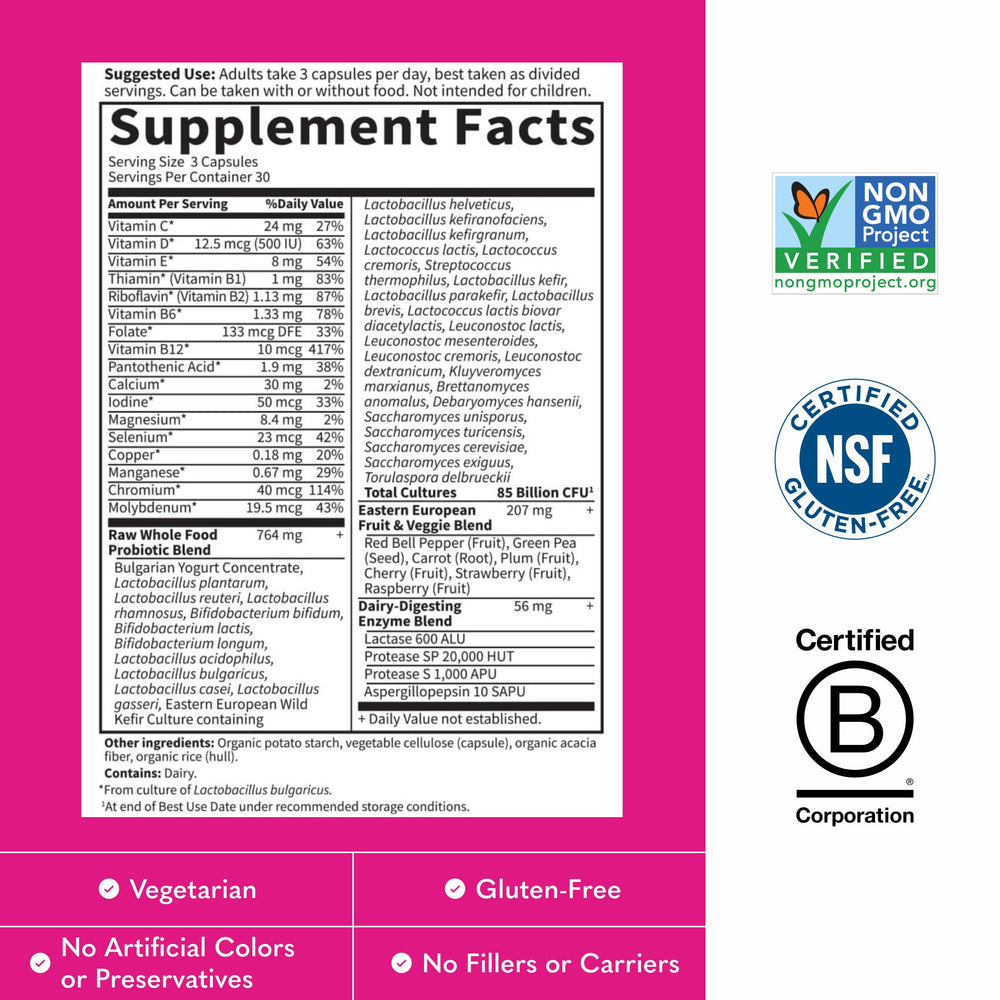 Garden of Life Raw Probiotics Women front label highlights whole-food ingredients.