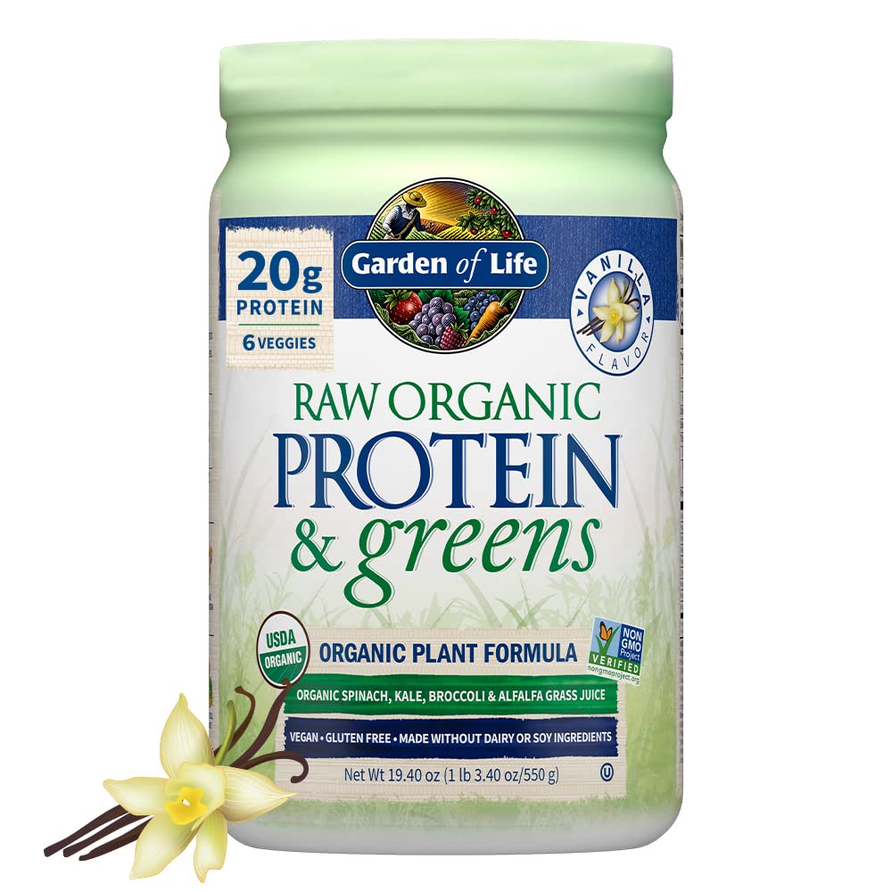 Garden of Life Raw Protein & Greens vanilla tub showing protein blend for post-workout recovery