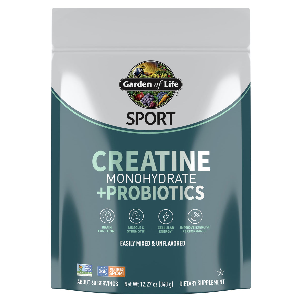 Garden of Life SPORT Creatine bottle shows 5 g per serving for muscle support.