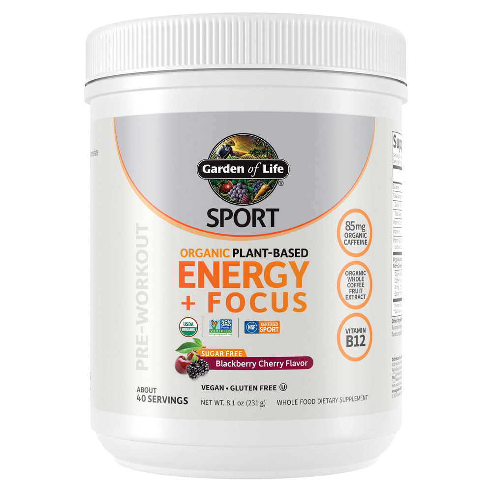 Garden of Life Sport Energy and Focus powder in a jar for pre-workout fuel.