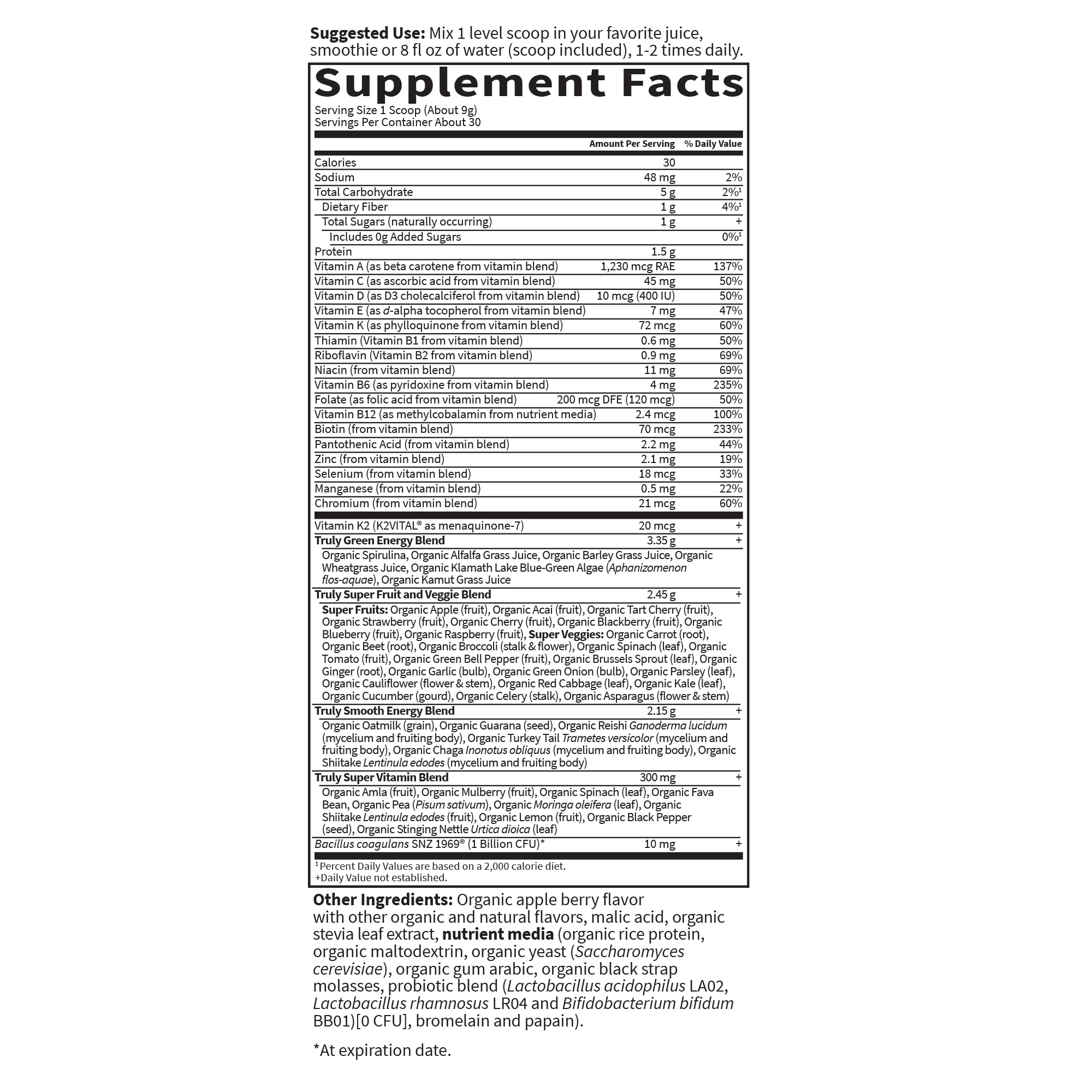 Garden of Life Sport Greens Apple Berry ingredients panel, listing 23 greens and 8 super fruits.